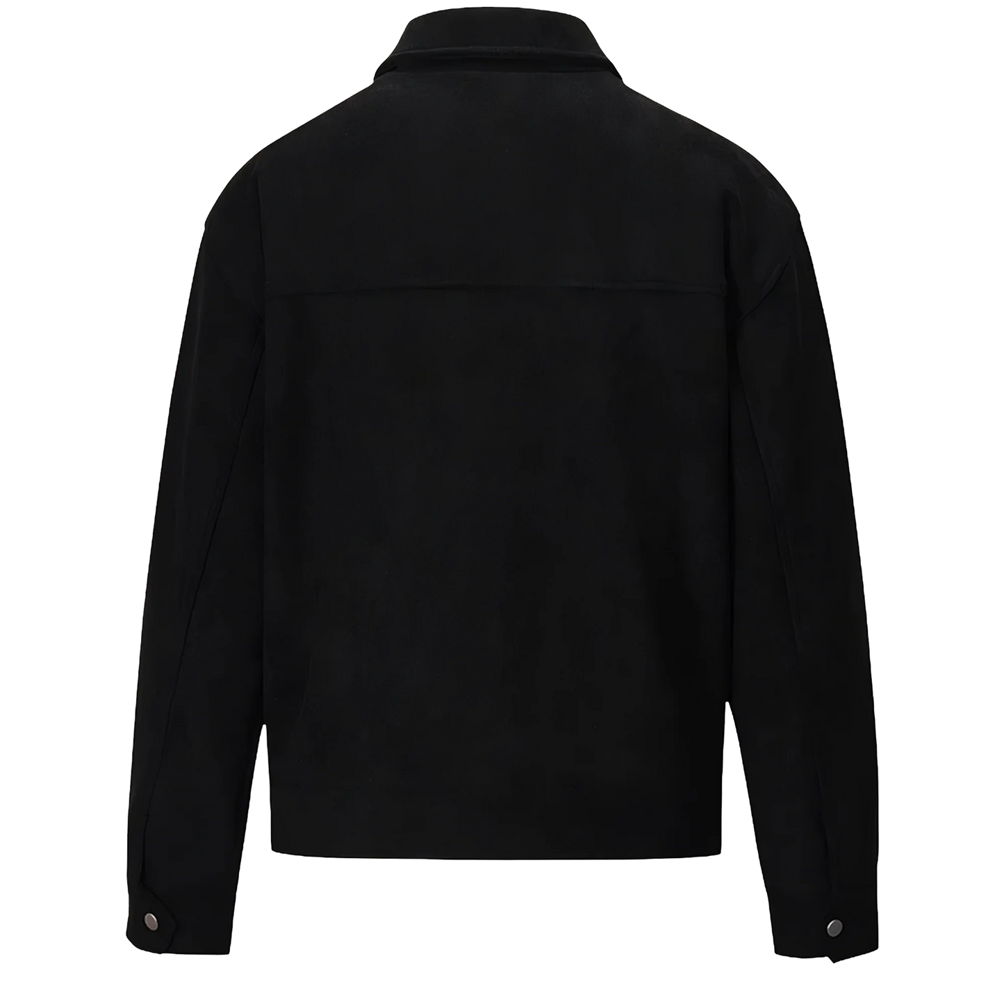 A black suede lounge overshirt back with a lapel collar. It features buttoned cuffs and a full length back yoke.