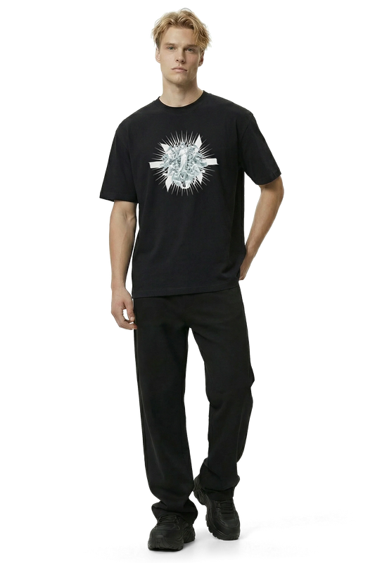 Man wearing a black t-shirt with a white angel Madonna mary catholic graphic design on a white background