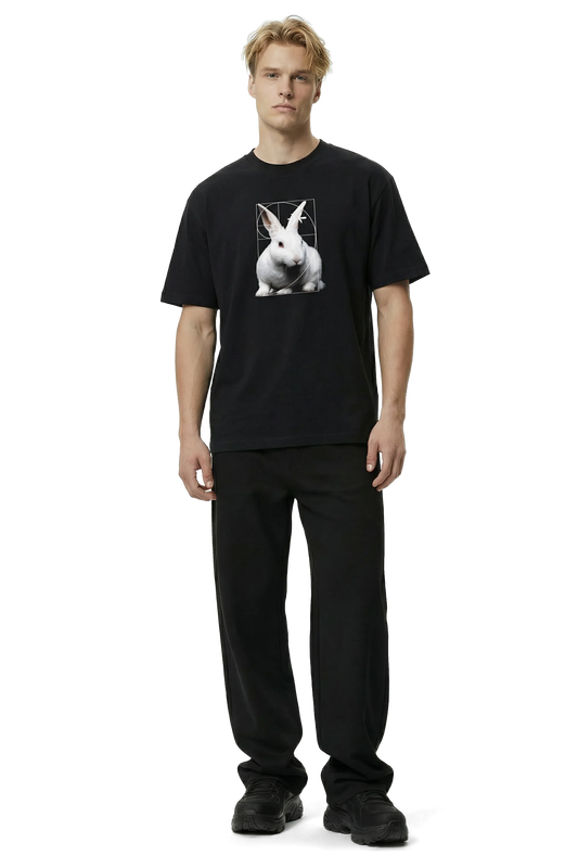 Man wearing a black t-shirt with a white rabbit and geometric Fibonacci spiral graphic design on a white background