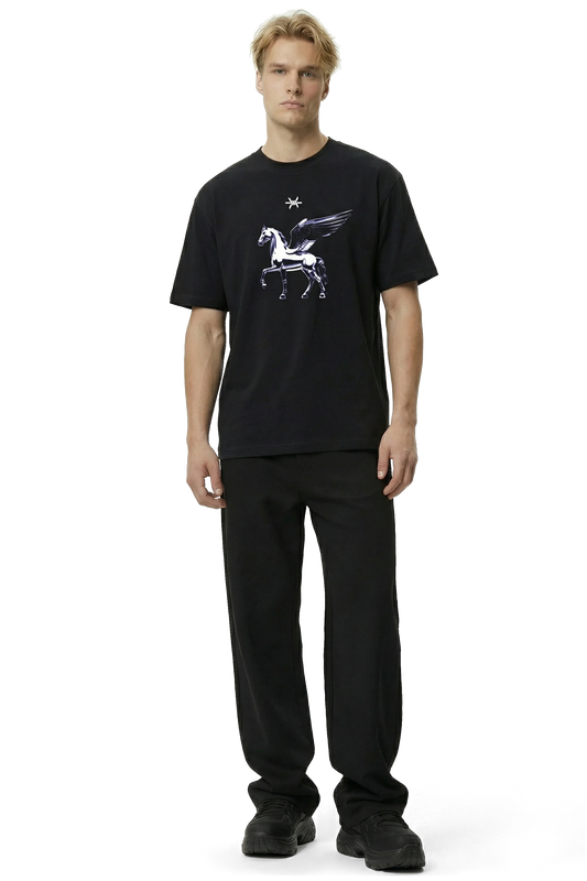 Pegasus Heavyweight Tee - Person wearing a black t-shirt with a graphic design on a white background