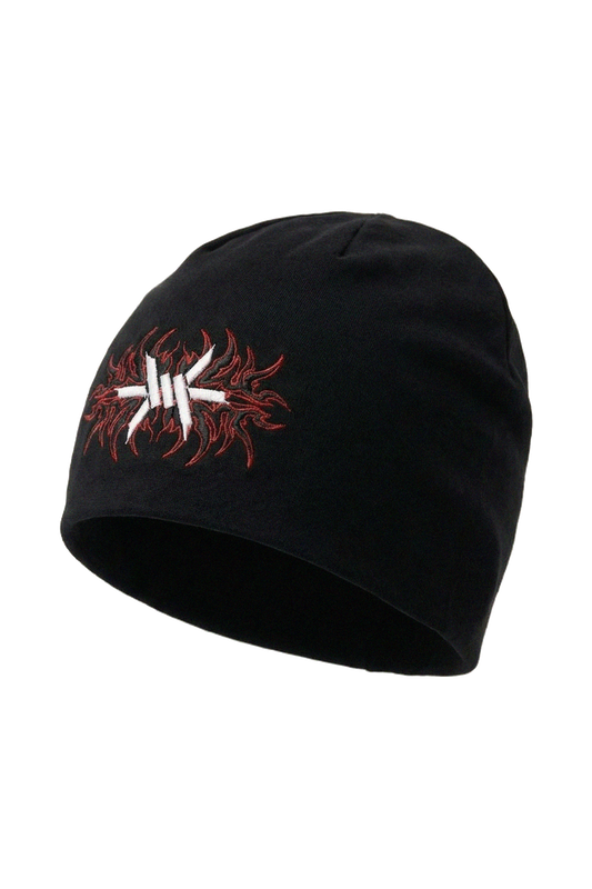 Black skully skullcap beanie with red and white 'Ominous' logo design on a white background