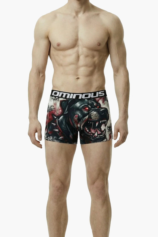 Man wearing a pair of boxer briefs with 'Ominous' branding and a roaring dog panther design on a white background