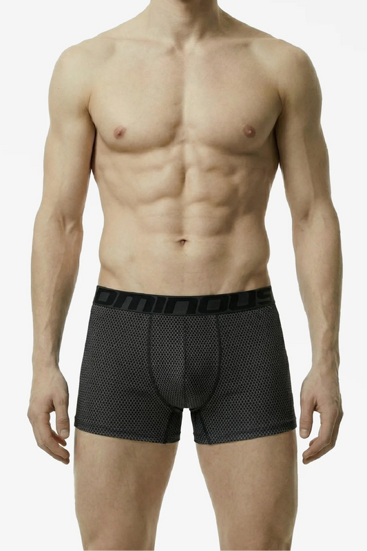 Man wearing black and dark grey boxer briefs with a subtle pattern and an 'Ominous' brand logo on a white background