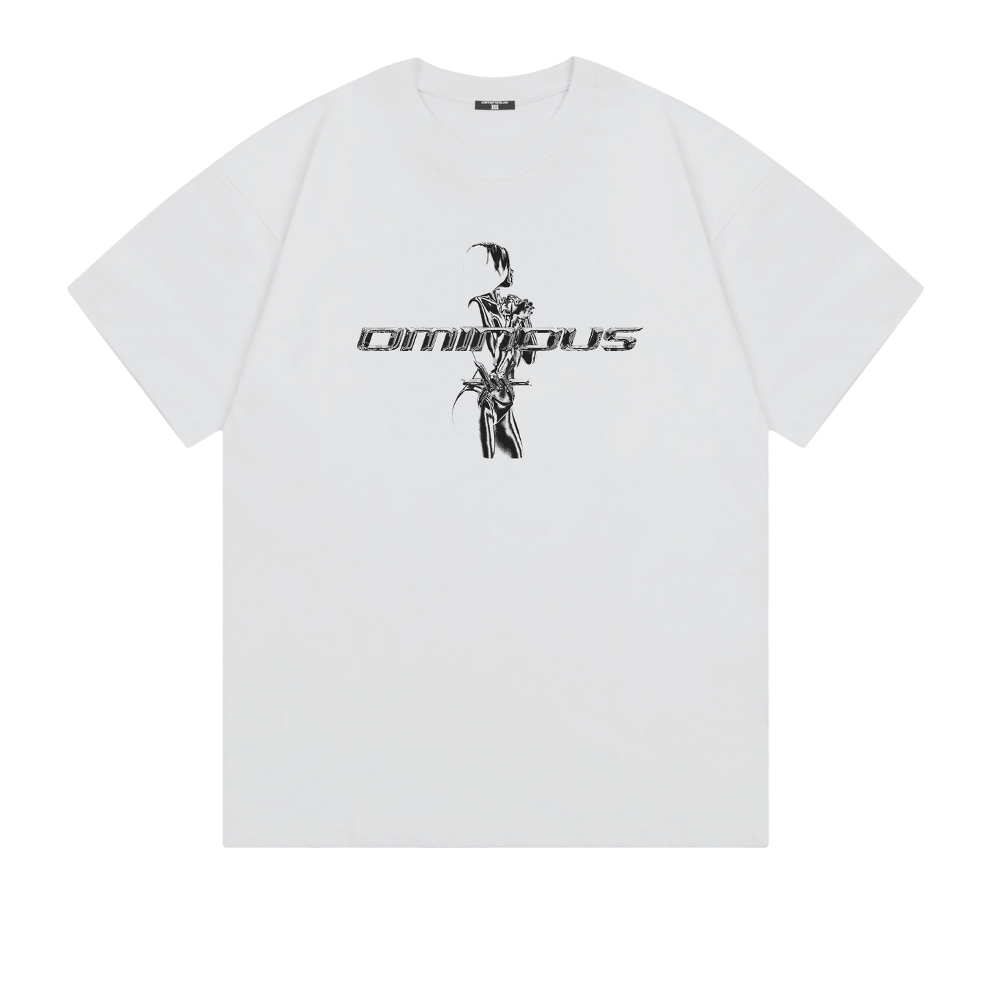 Ominous chrome silver girl heavyweight oversized tee graphic design on a white background