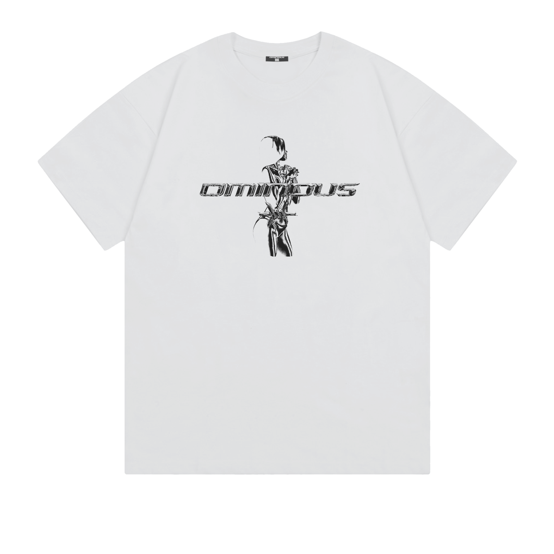 Ominous chrome silver girl heavyweight oversized tee graphic design on a white background