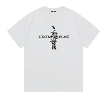 Ominous chrome silver girl heavyweight oversized tee graphic design on a white background