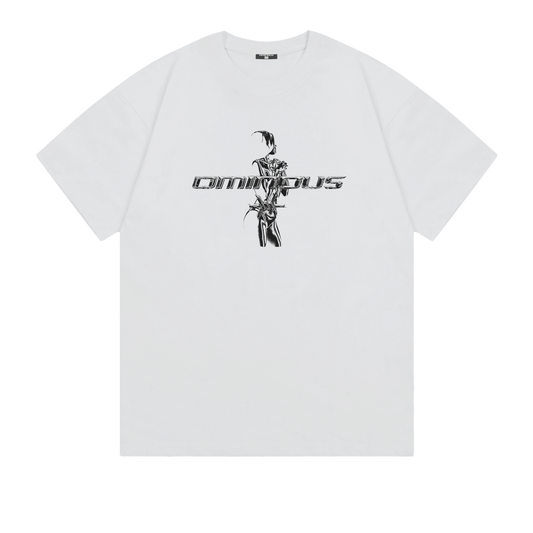 Ominous chrome silver girl heavyweight oversized tee graphic design on a white background