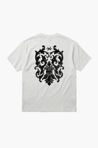 White t-shirt with black decorative pattern on the back against a white background