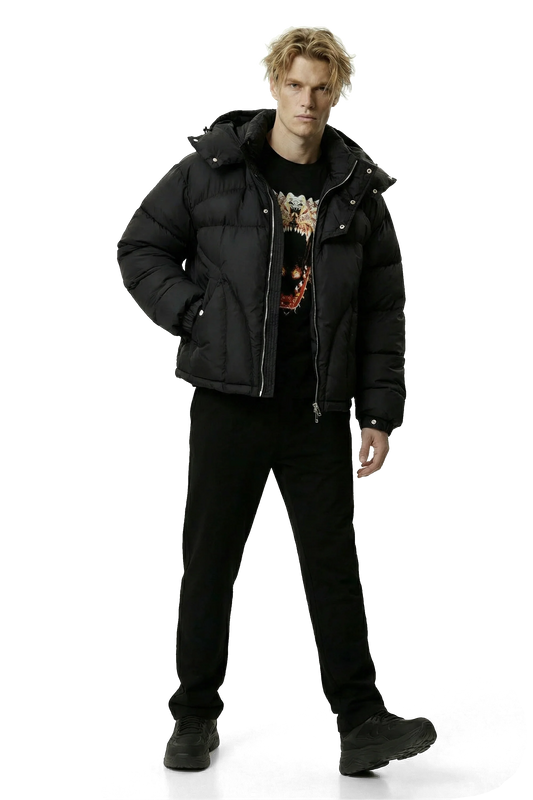 Man wearing a black puffer jacket and black pants on a transparent background
