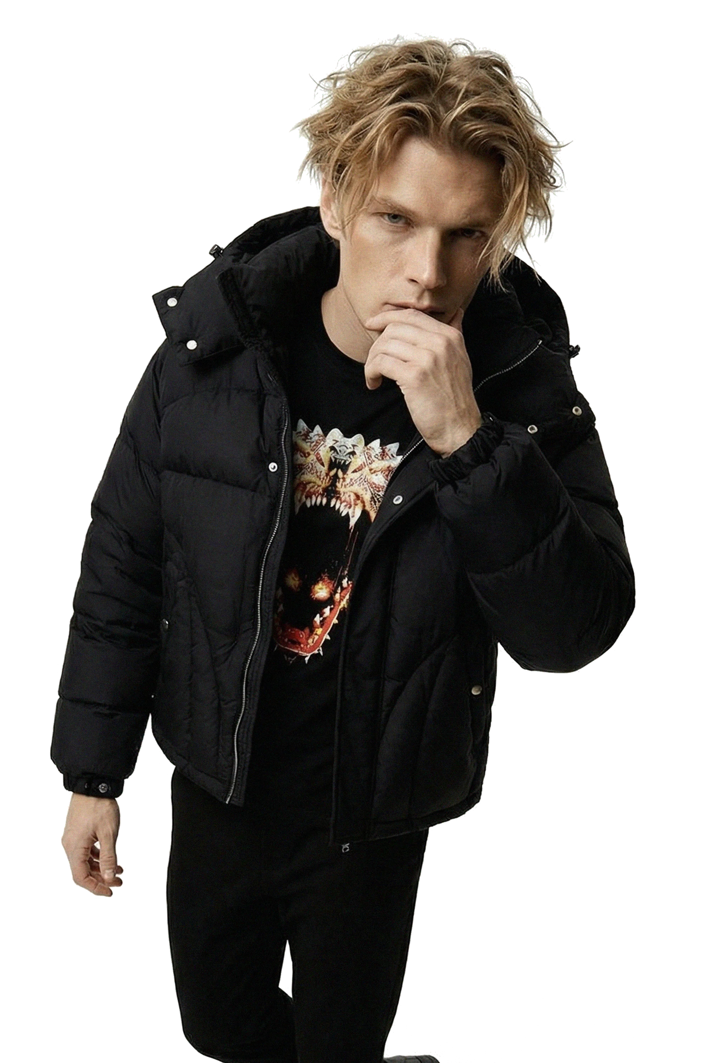 Person wearing a black jacket and 'Ominous' luxury brand dragon graphic t-shirt with a white background.