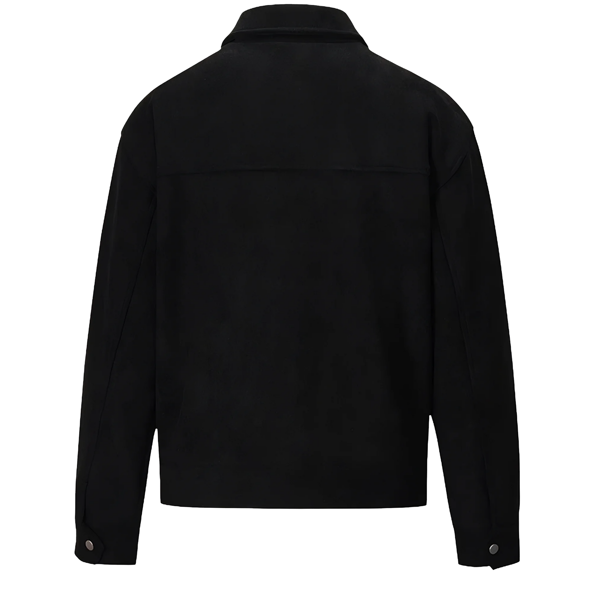 A black suede lounge overshirt back with a lapel collar. It features buttoned cuffs and a full length back yoke.
