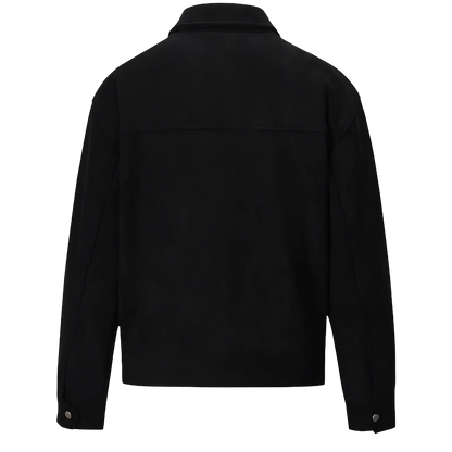 A black suede lounge overshirt back with a lapel collar. It features buttoned cuffs and a full length back yoke.