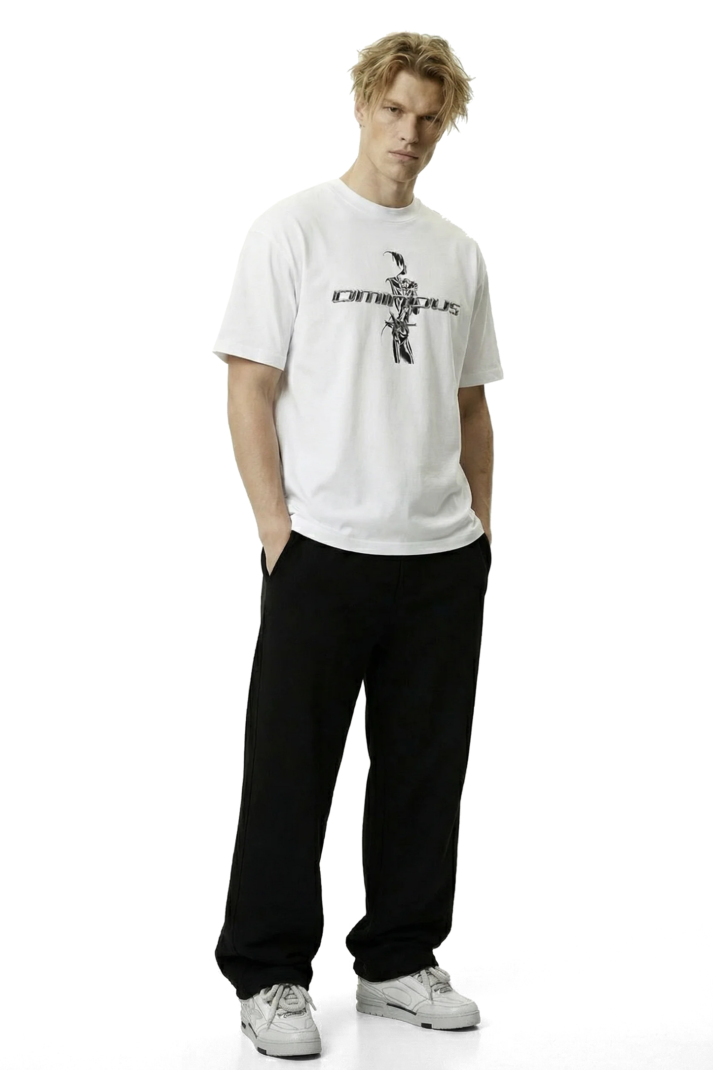 Ominous chrome silver girl heavyweight oversized tee - Man wearing a white t-shirt with a logo and text, black pants, and gray shoes on a white background