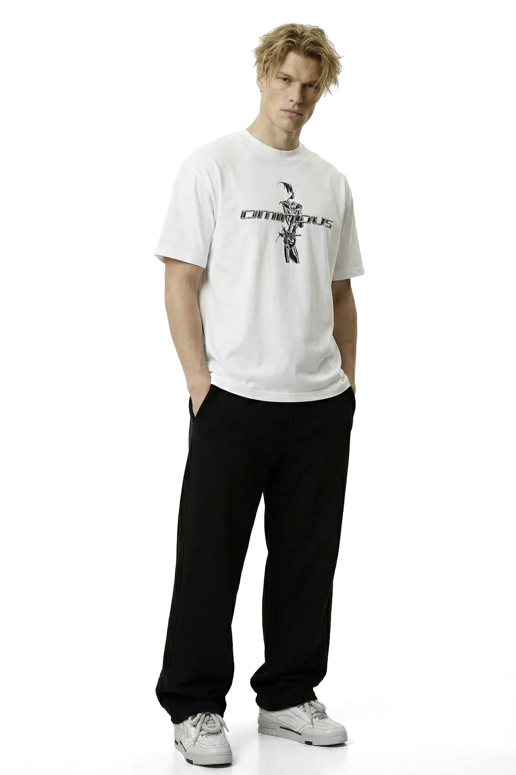 Ominous chrome silver girl heavyweight oversized tee - Man wearing a white t-shirt with a logo and text, black pants, and gray shoes on a white background