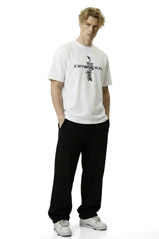 Ominous chrome silver girl heavyweight oversized tee - Man wearing a white t-shirt with a logo and text, black pants, and gray shoes on a white background
