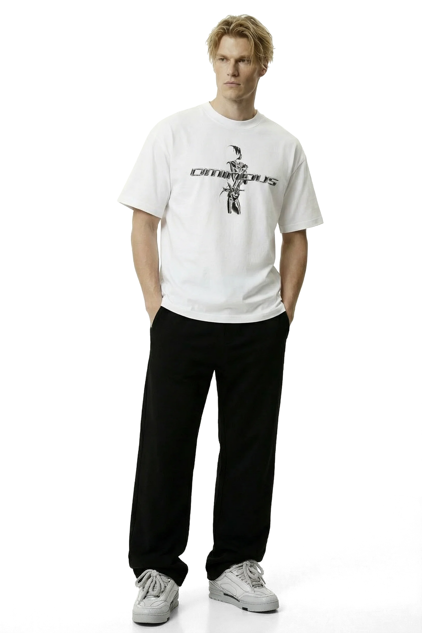 Ominous chrome silver girl heavyweight oversized tee - Man wearing a white t-shirt with a graphic design and black pants on a white background