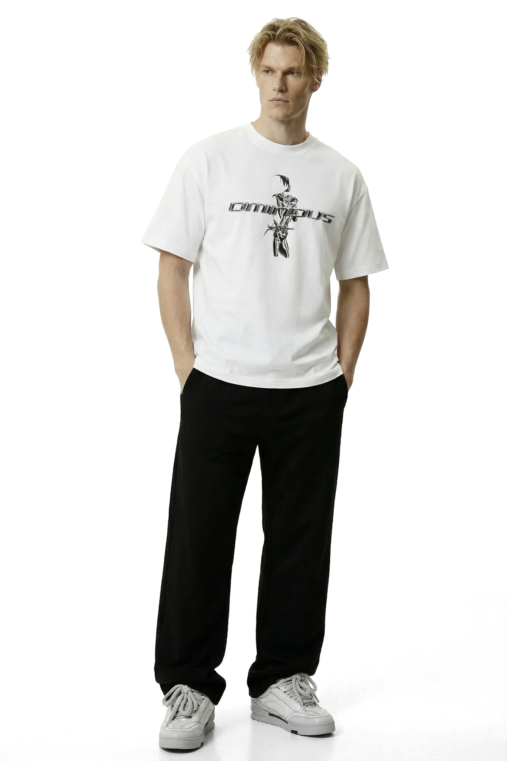 Ominous chrome silver girl heavyweight oversized tee - Man wearing a white t-shirt with a graphic design and black pants on a white background