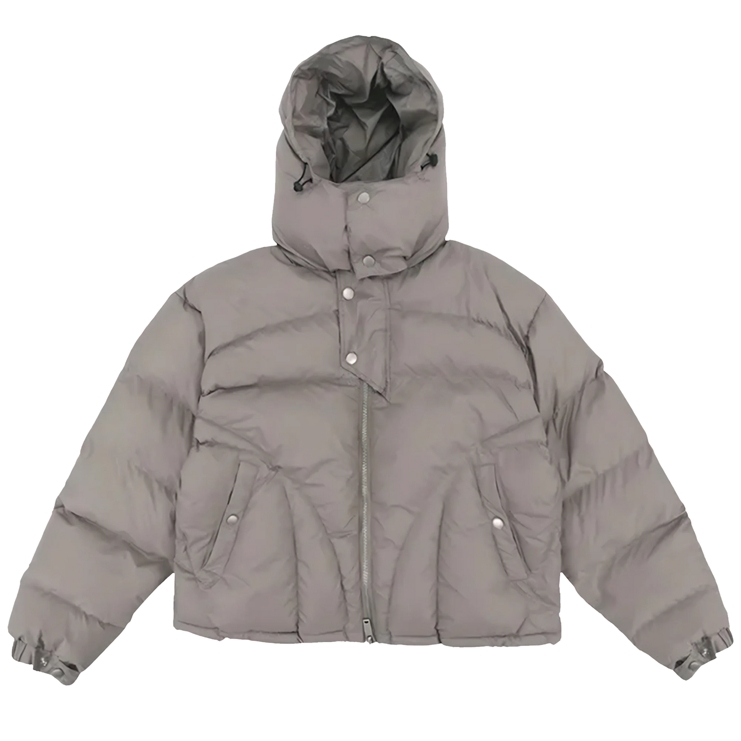 Ominous Angular v-taper puffer jacket in concrete gray khaki with a hood, featuring split joey pockets, metal zipper, and button popper adjustable cuffs.
