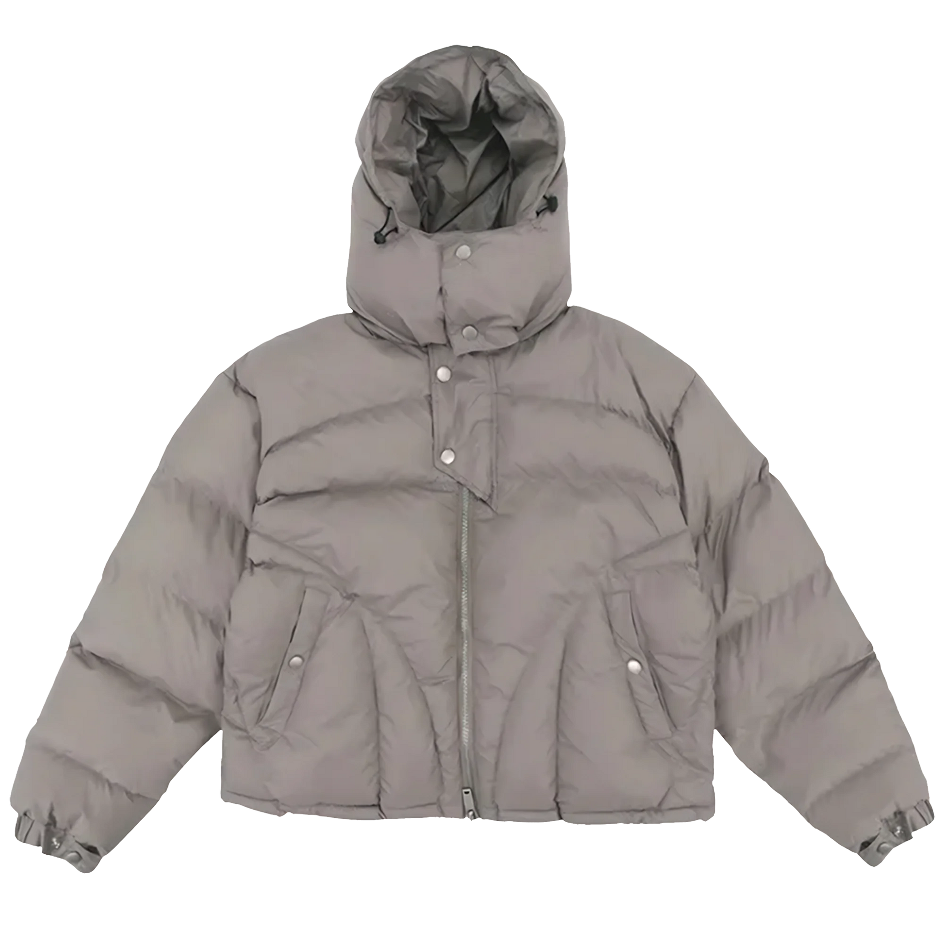 Ominous Angular v-taper puffer jacket in concrete gray khaki with a hood, featuring split joey pockets, metal zipper, and button popper adjustable cuffs.