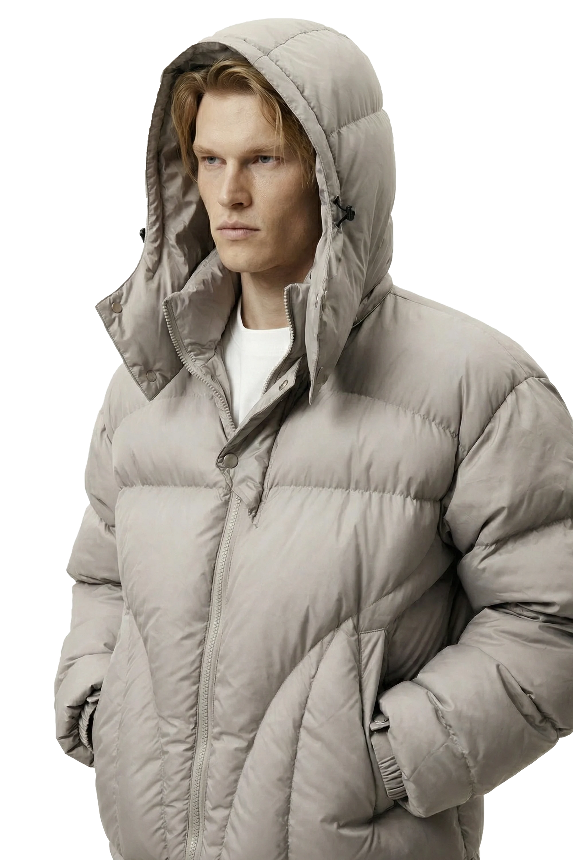 Man wearing a gray puffer jacket on a transparent background