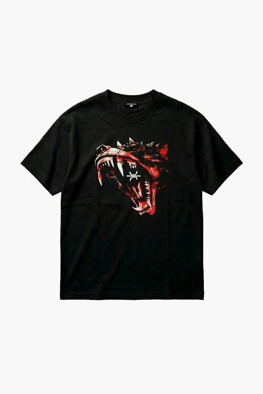 Ominous Dog Heavyweight Tee - Black t-shirt with a red and white graphic of a roaring aggressive dog's face on a white background