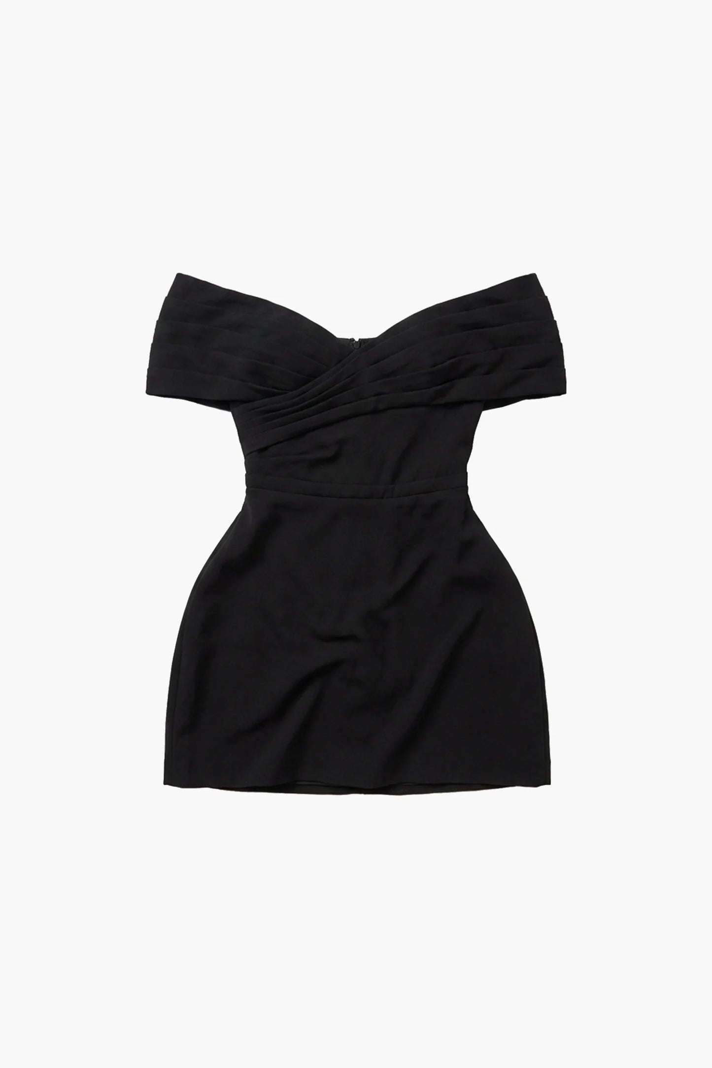 Ella mini dress - Black off-shoulder dress on a white background front flat lay