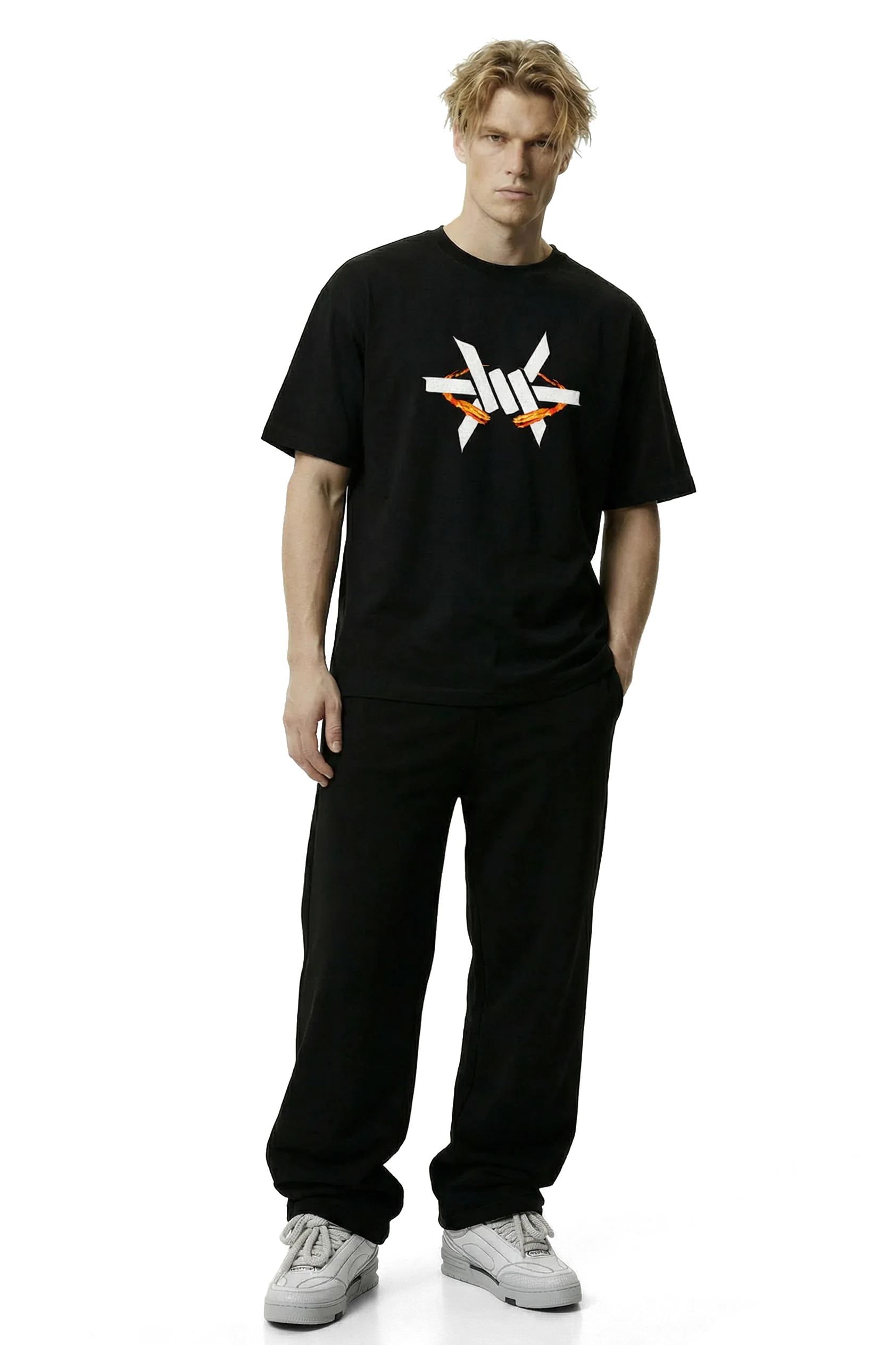 Ominous Fireball Heavyweight Oversized Tee - Person wearing a black t-shirt with a logo on a white background