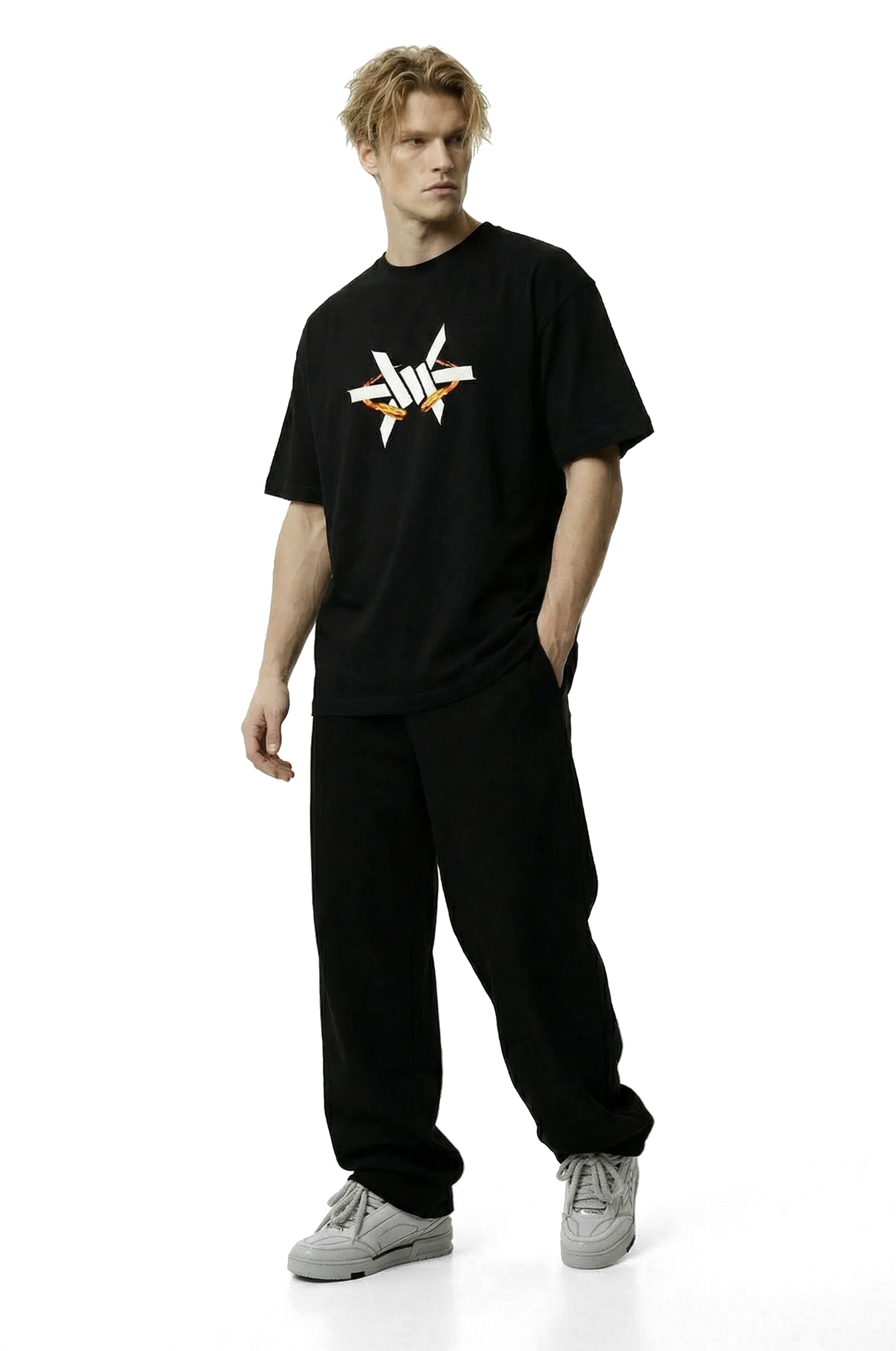 Ominous Fireball Heavyweight Oversized Tee - Man wearing a black t-shirt with a logo on a white background