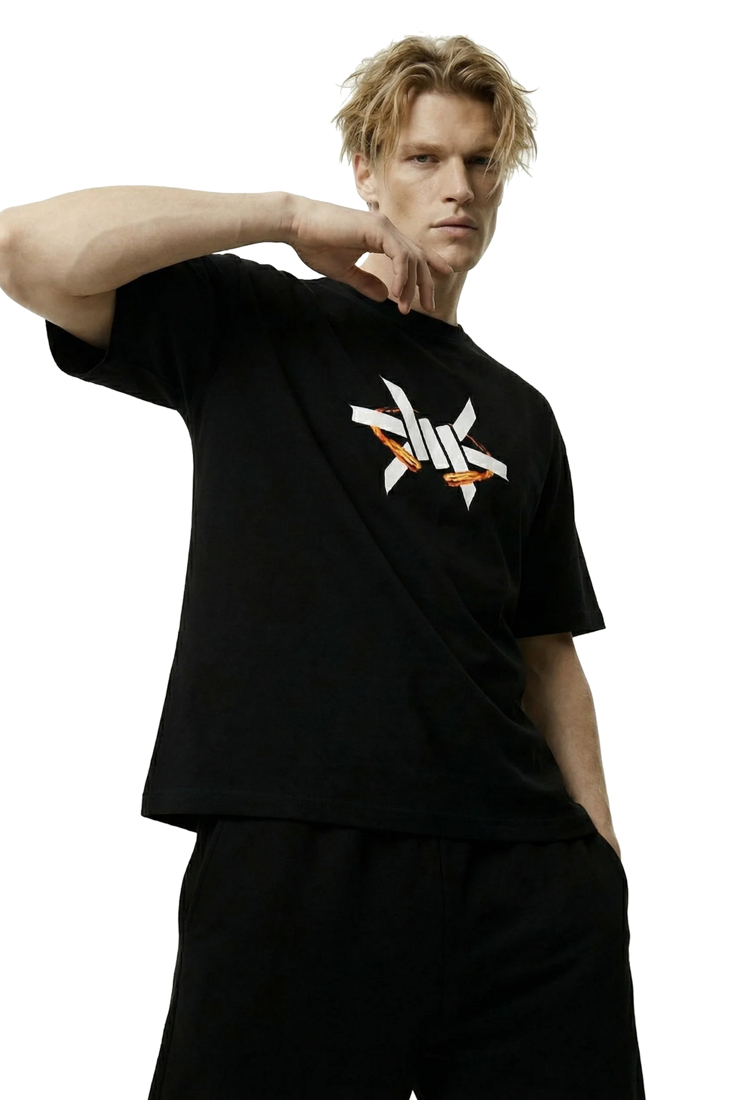 Ominous Fireball Heavyweight Oversized Tee - Man wearing a black t-shirt with a logo on a white background