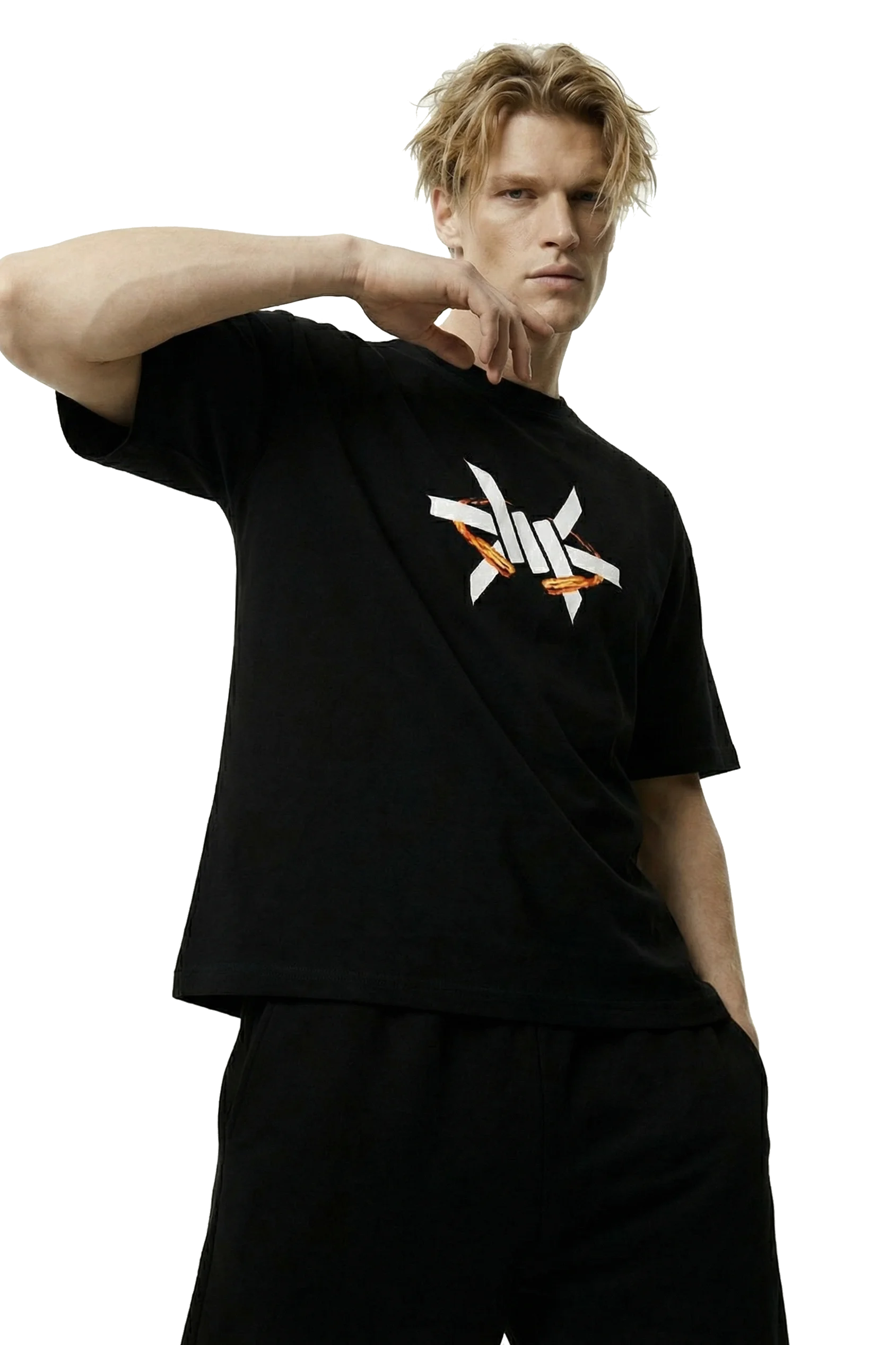 Ominous Fireball Heavyweight Oversized Tee - Man wearing a black t-shirt with a logo on a white background