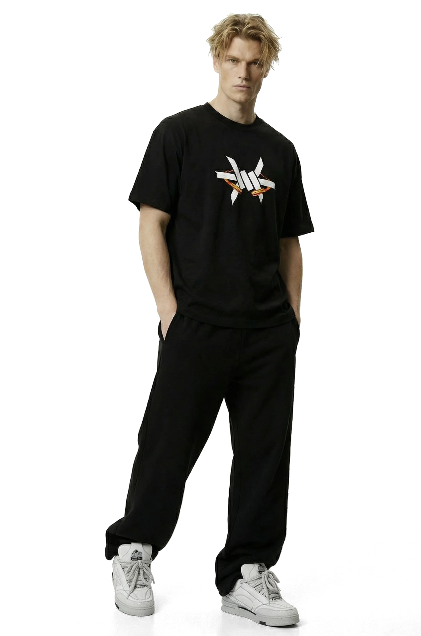 Ominous Fireball Heavyweight Oversized Tee - Person wearing a black t-shirt with a logo and black pants on a white background