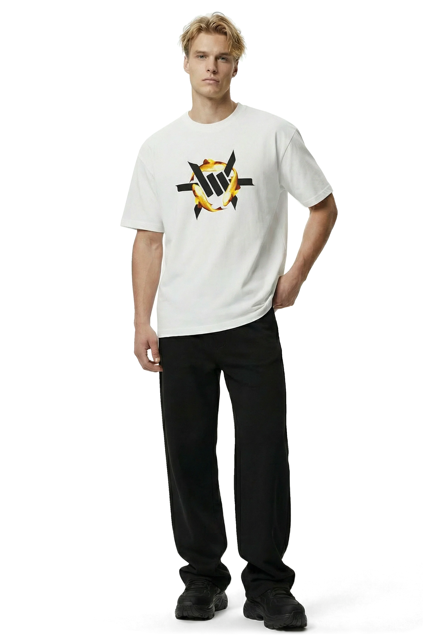Golden Koi Heavyweight Tee - Man wearing a white t-shirt with a black and gold koi fish logo on a white background