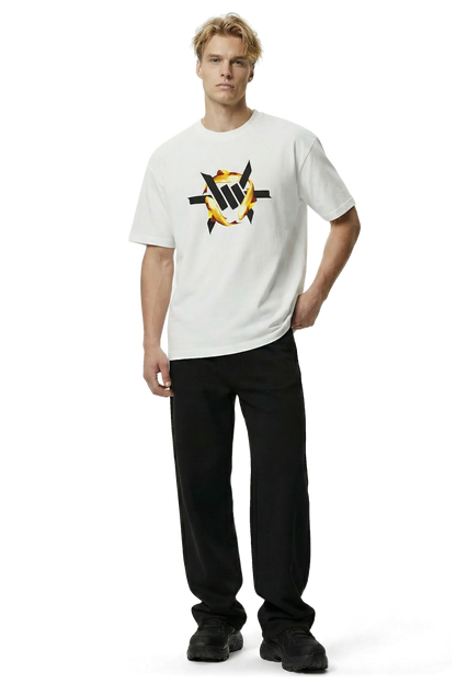Golden Koi Heavyweight Tee - Man wearing a white t-shirt with a black and gold koi fish logo on a white background