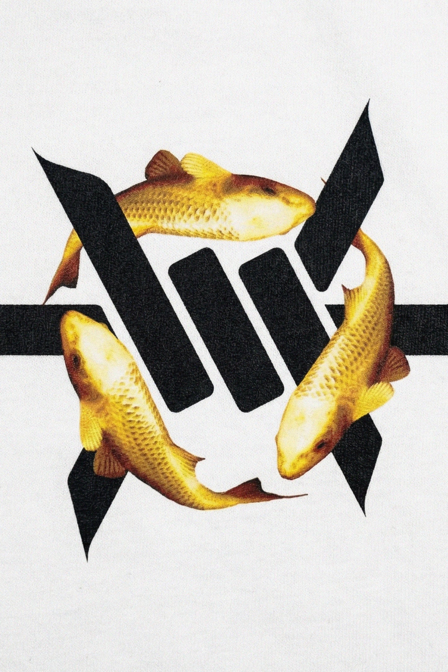 Golden Koi Heavyweight Tee - Three gold koi fish swimming in opposite directions with black abstract 'Ominous' brand logo shapes on a white background.
