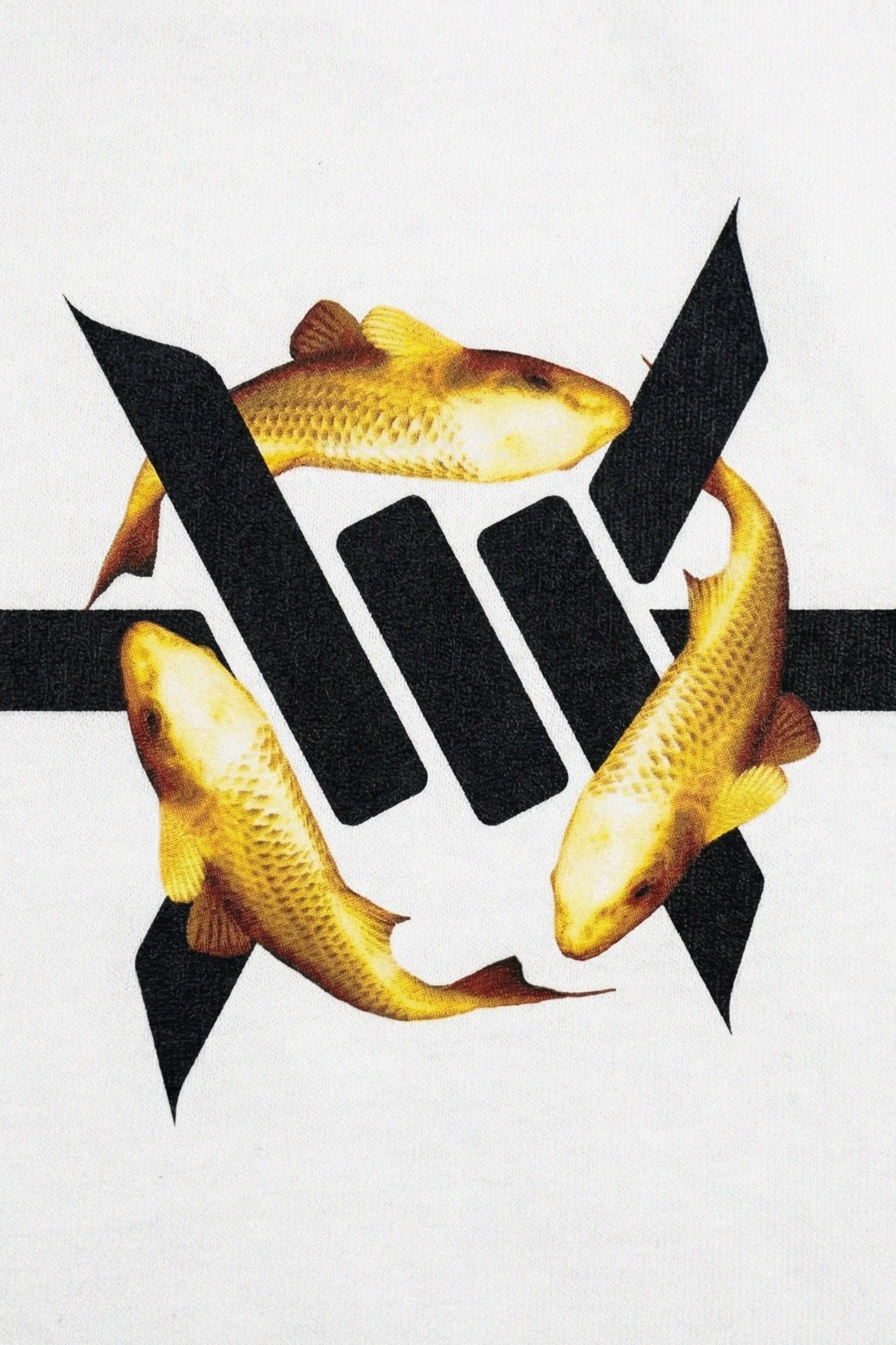 Golden Koi Heavyweight Tee - Three gold koi fish swimming in opposite directions with black abstract 'Ominous' brand logo shapes on a white background.
