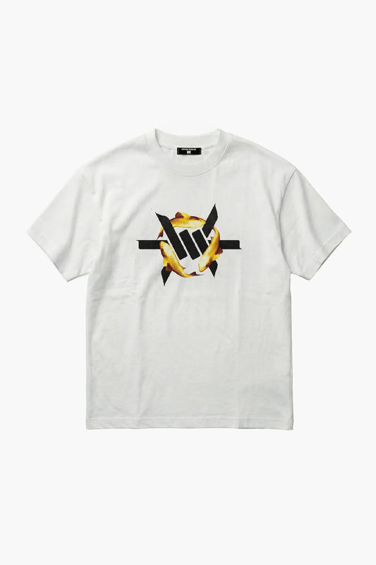 Golden Koi Heavyweight Tee- White t-shirt with a black and yellow koi fish graphic design on a white background