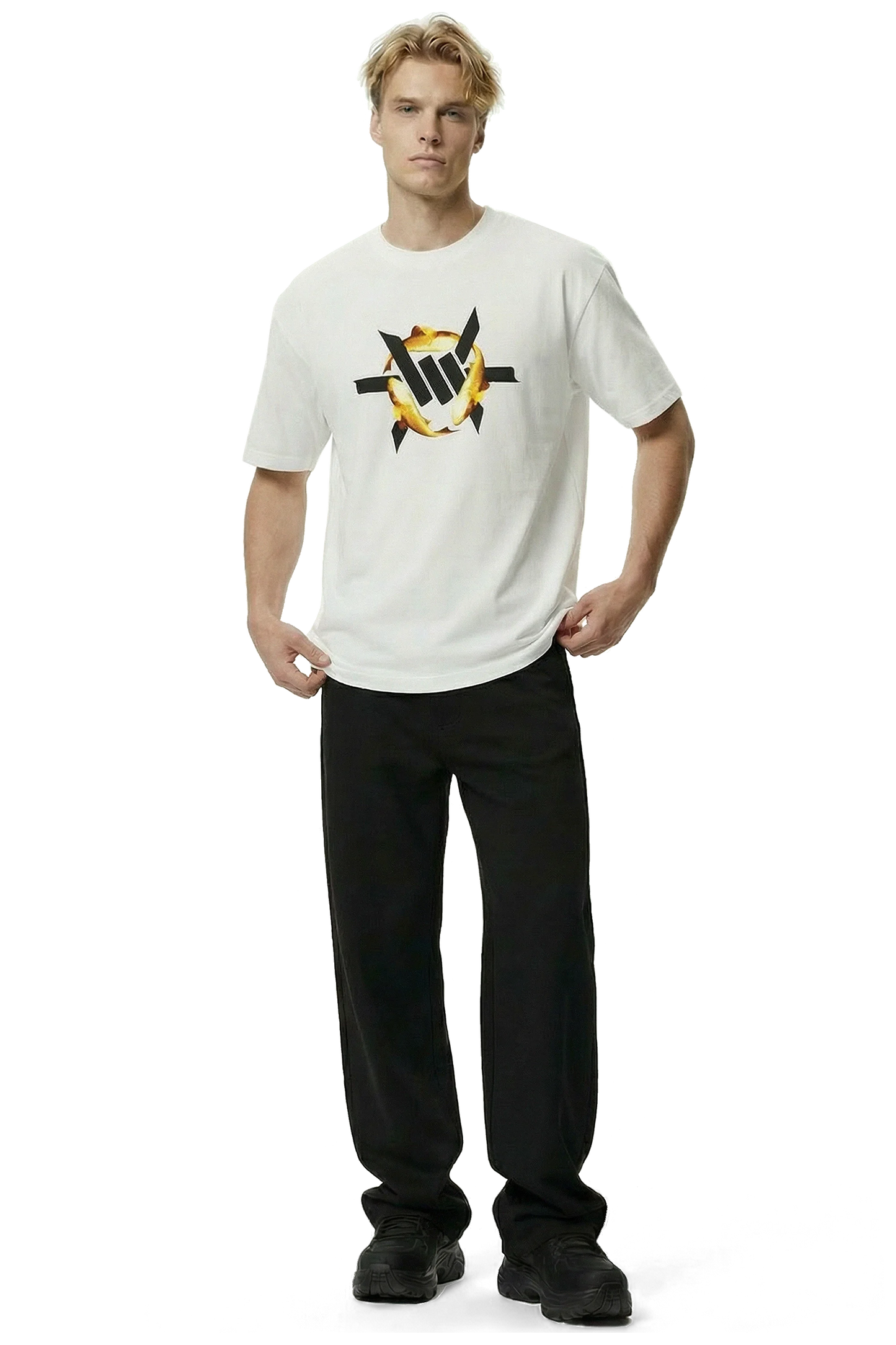 Golden Koi Heavyweight Tee - Man wearing a white t-shirt with a black and yellow koi fish logo and black pants on a white background