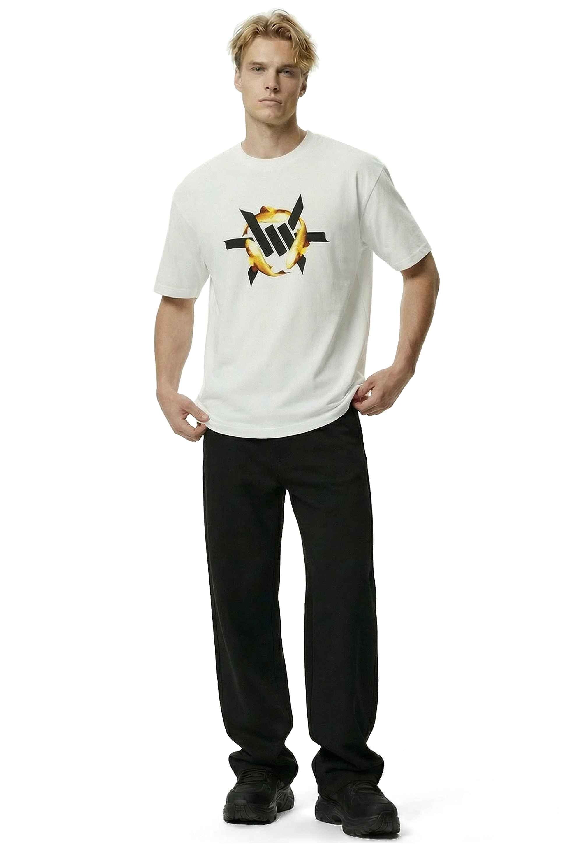 Golden Koi Heavyweight Tee - Man wearing a white t-shirt with a black and yellow koi fish logo and black pants on a white background