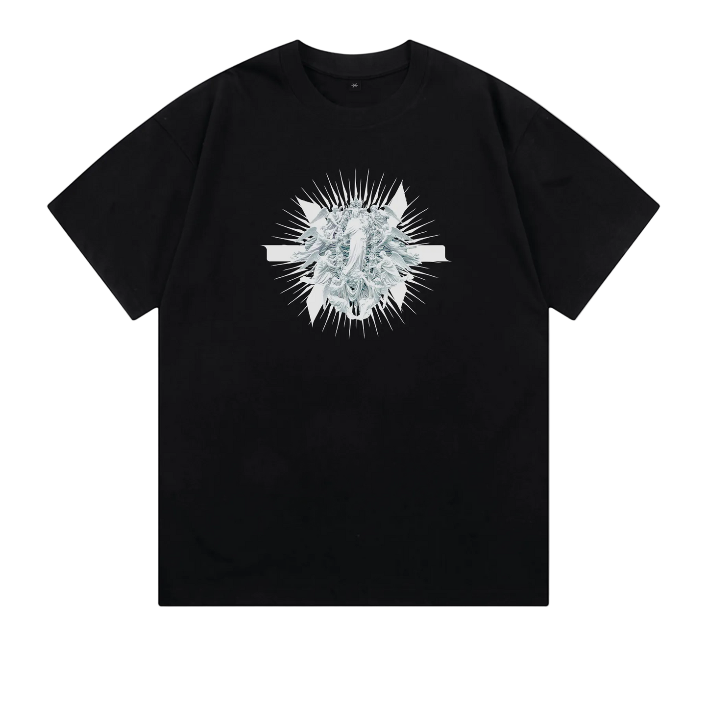 An oversized black heavyweight t-shirt with an angelic graphic print on the front, presented on a white background.