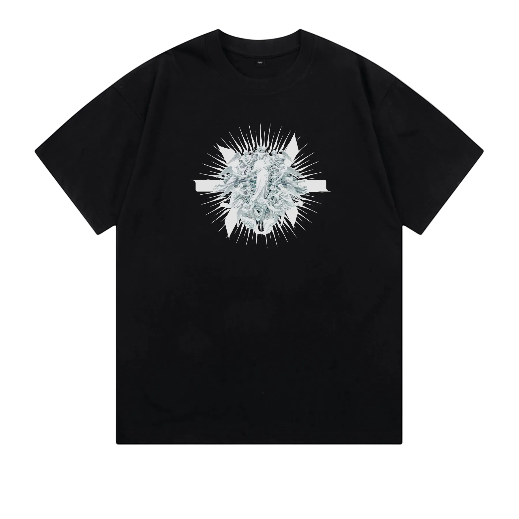 An oversized black heavyweight t-shirt with an angelic graphic print on the front, presented on a white background.