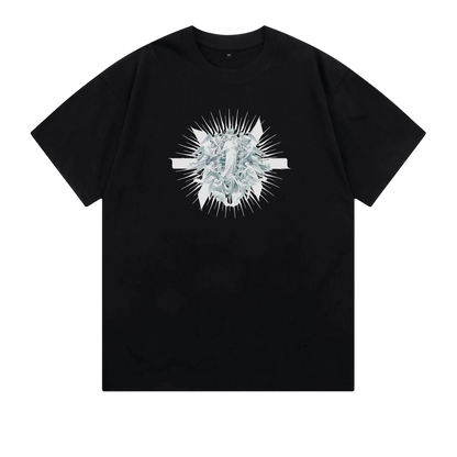 An oversized black heavyweight t-shirt with an angelic graphic print on the front, presented on a white background.