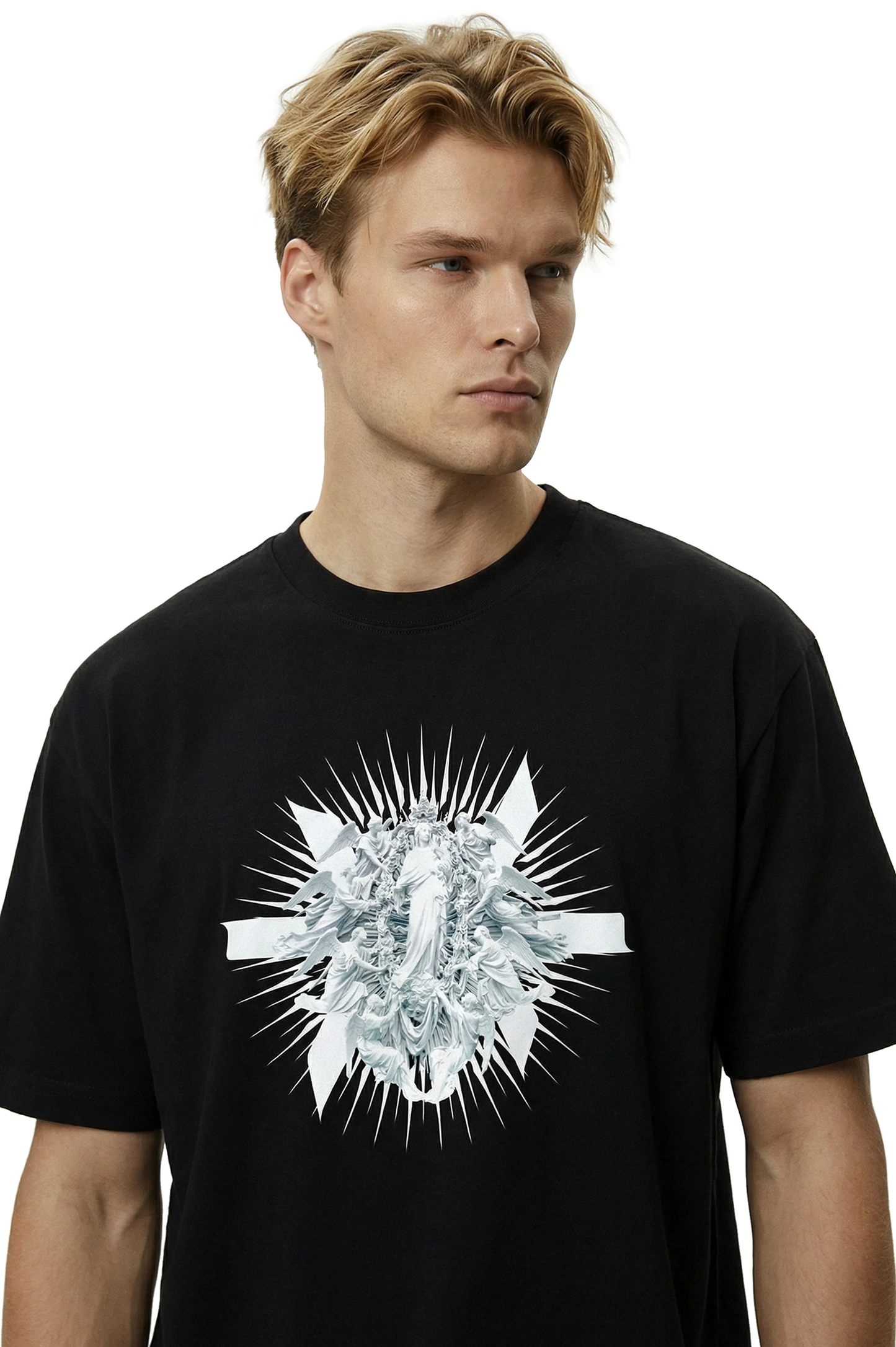 Man wearing a black t-shirt with a white angelic graphic design on a white background