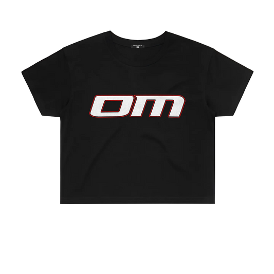 Ominous OM Cropped Black Tee - Black t-shirt with a red and white logo on a white background