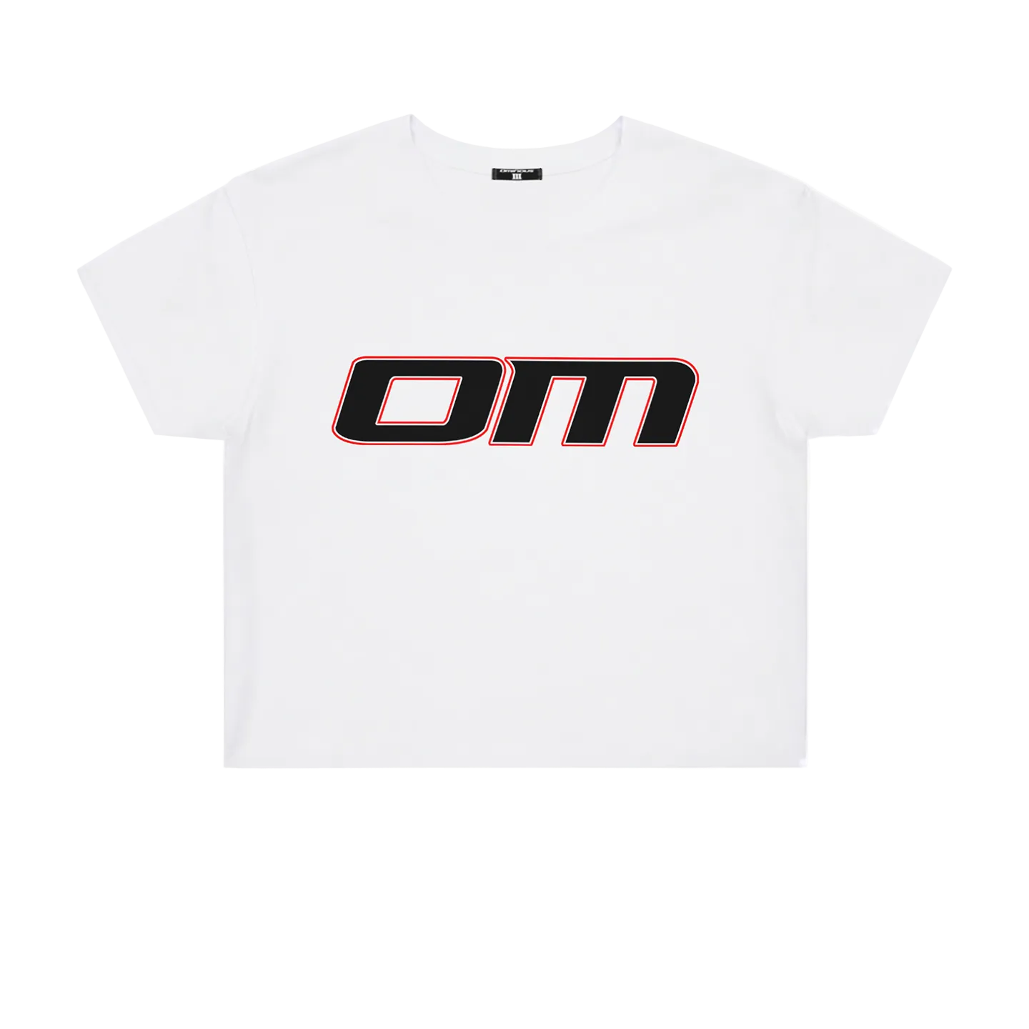 Ominous OM Cropped White Tee - White t-shirt with a black and red logo on a white background