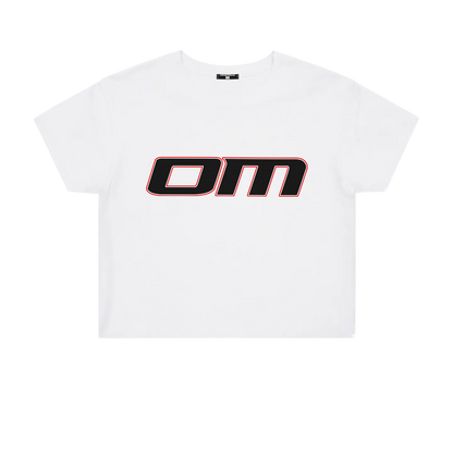 Ominous OM Cropped White Tee - White t-shirt with a black and red logo on a white background
