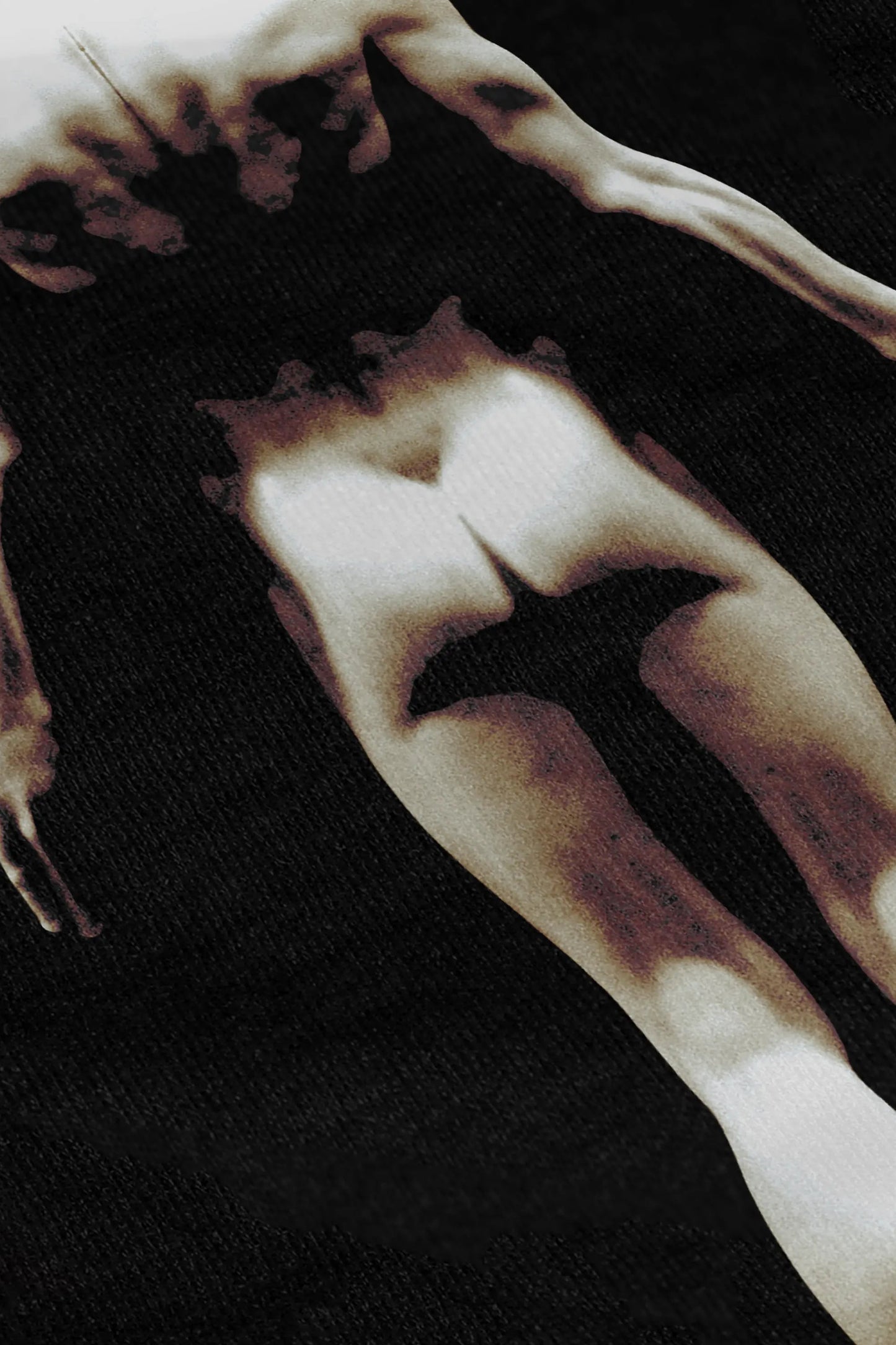Distorted, abstract graphic design image of the back of a figure on a black luxury cotton t-shirt background