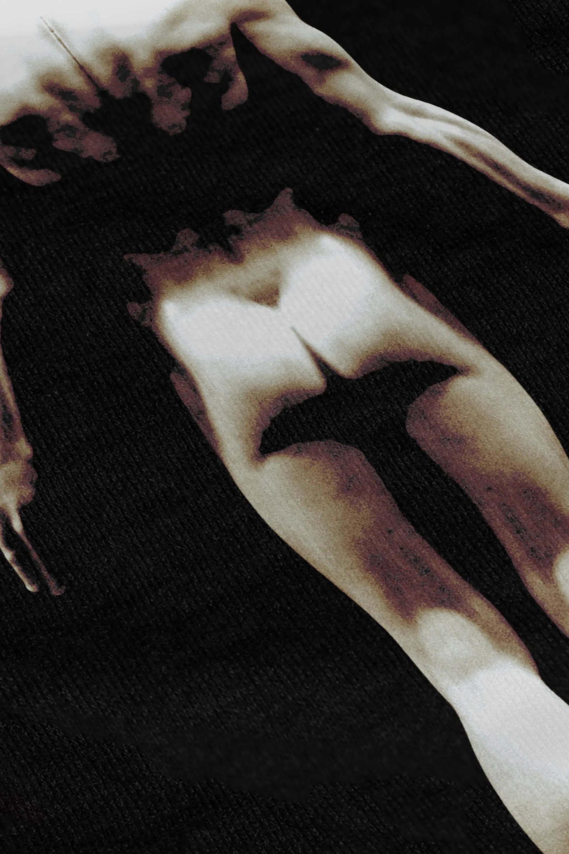 Distorted, abstract graphic design image of the back of a figure on a black luxury cotton t-shirt background
