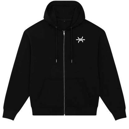 A black hoodie with a small logo on the upper left chest and a metal zipper.