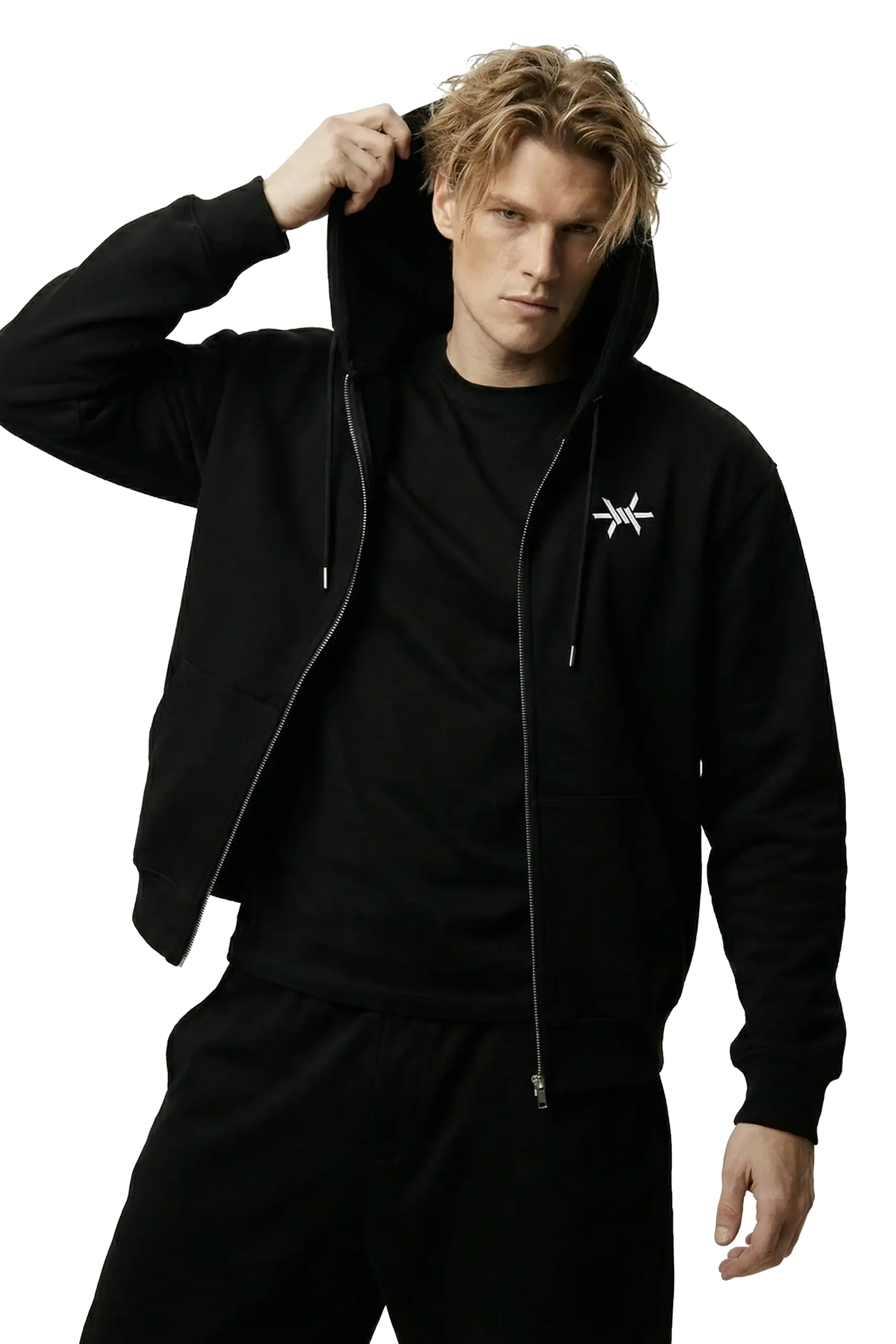 Man wearing a black hoodie with a small 'Ominous' logo on the left chest on a white background