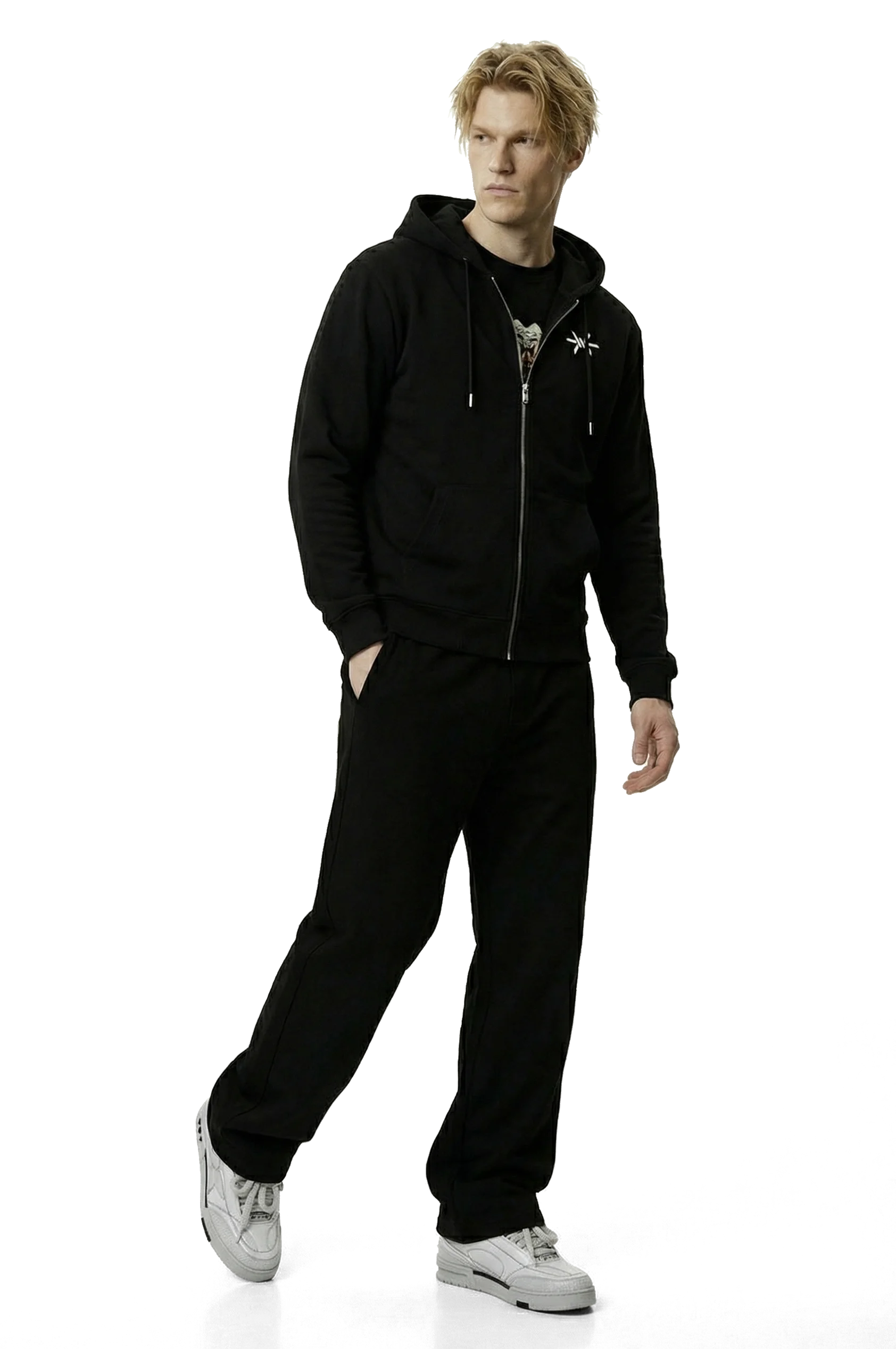 Person wearing a black hoodie and pants on a white background